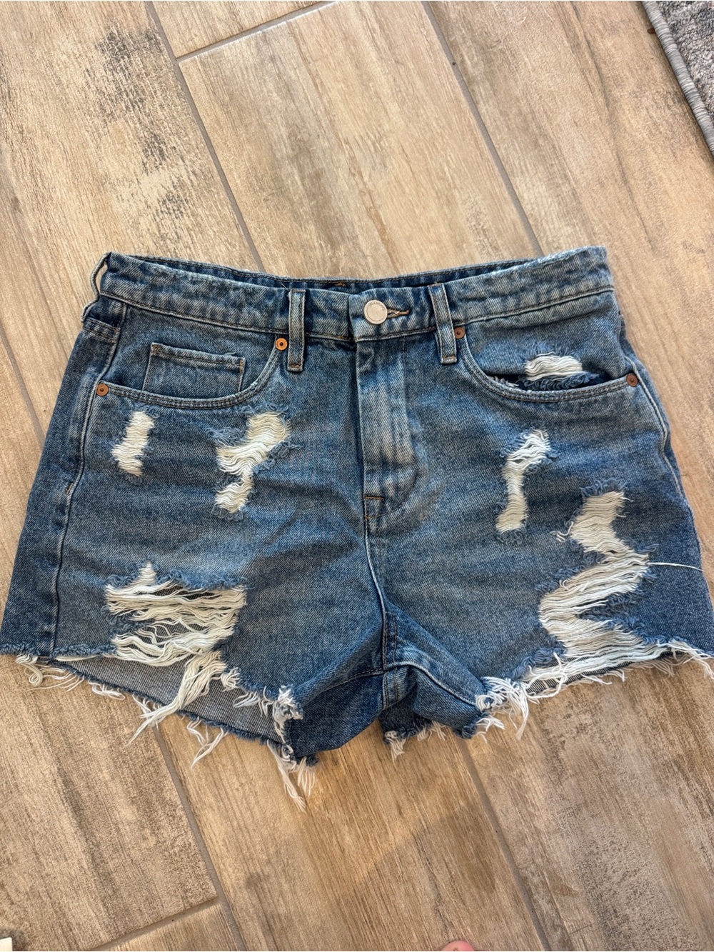 High-Rise Distressed Denim Shorts - Blue